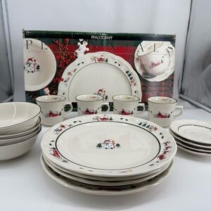 Pfaltzgraff Snow Village Dinnerware 16 piece Set - Cream with Festive Design